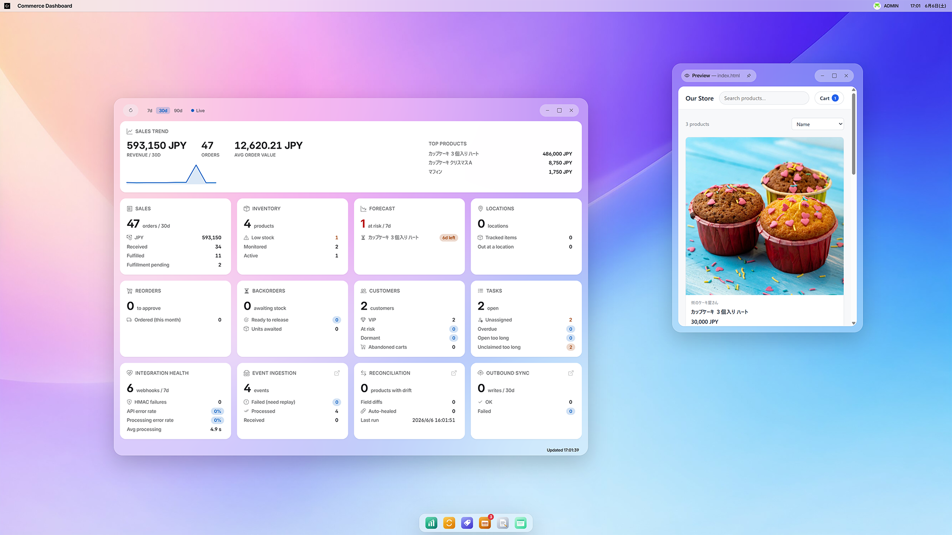 MintJams 仮想デスクトップ — Commerce Dashboard の KPI カードとストアフロントプレビュー